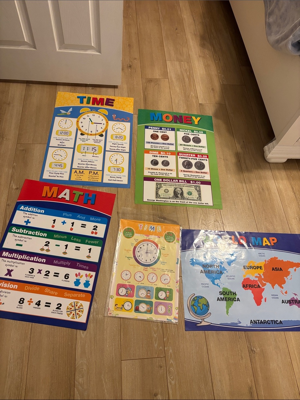 Kids Double sided educational posters  Time, Money & Math Learning Posters
